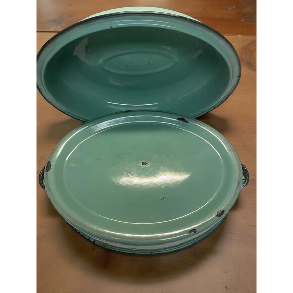 Vintage Enamelware Oval Roaster with Lid – Seafoam Green Farmhouse Enamel Pan – - Picture 3 of 8